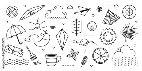 Collection of hand-drawn travel and adventure icons simple sketches for summer fun