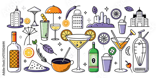 Refreshing cocktails and bartending essentials collage with bottles glasses and garnishes