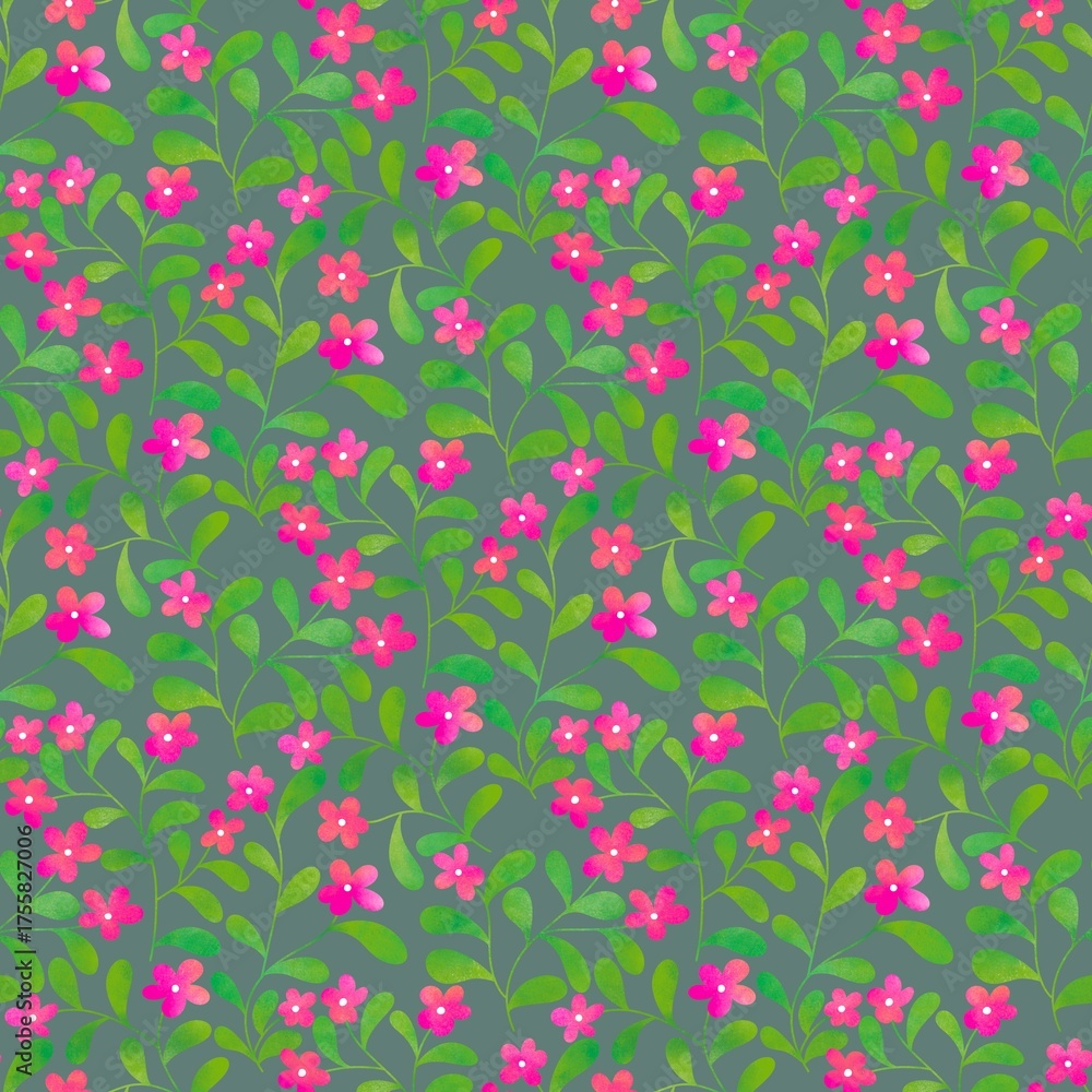 Fototapeta premium Vibrant Garden Pattern with Pink Flowers and Green Foliage