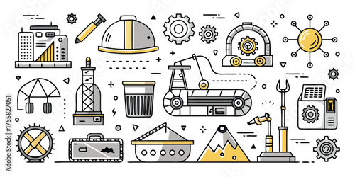 Industrial icons and symbols set featuring construction mining energy and engineering concepts