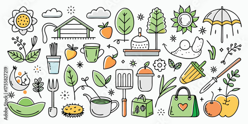 Whimsical garden collection hand-drawn elements for outdoor adventures and nature lovers