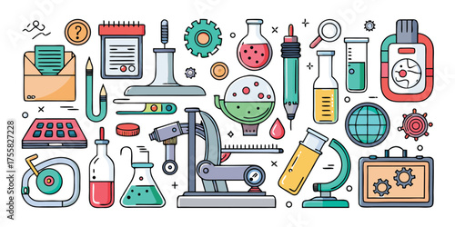 Collection of colorful scientific equipment for laboratory research and medical experiments