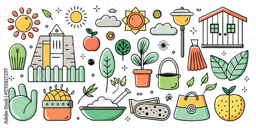 Whimsical hand drawn collection of garden and outdoor elements for creative projects