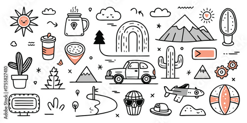 Diverse travel adventure icons mountains clouds car plane cactus rainbow sun and more