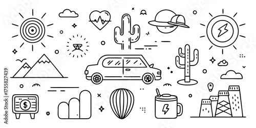 Desert adventure road trip collection featuring car cacti mountains sun and more