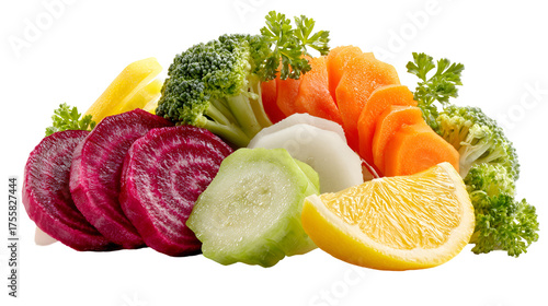 Freshly cut assorted vegetables and citrus fruits isolated on transparent background