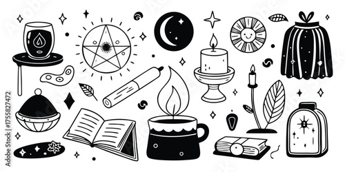 Mystical objects collection spellcasting tools occult symbols and ritualistic items