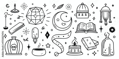 Mystical icons collection featuring moon crystal book candle potions and lanterns