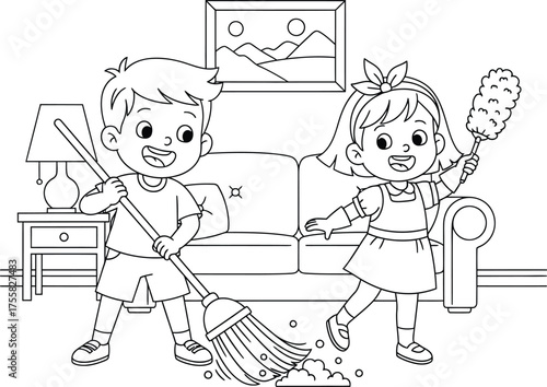 cheerful children cleaning the living room, boy sweeping the floor, girl dusting furniture, household chores