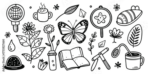 Whimsical hand-drawn elements for travel and adventure scrapbooking and crafting projects