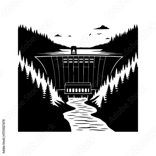Hydroelectric dam landscape with forest and sky