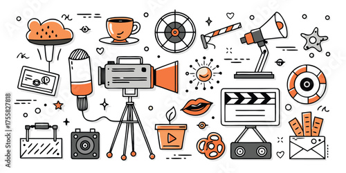 Collection of film and broadcasting icons including camera microphone megaphone and clapperboard