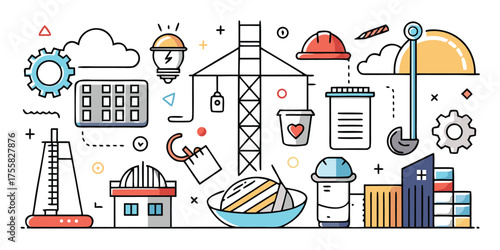 Construction and development icons representing building industry progress and innovation ideas