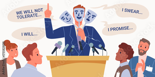 Politician at podium holding theatrical masks, surrounded by microphones and audience, highlighting deception, false promises, and public trust issues in politics isolated vector illustration