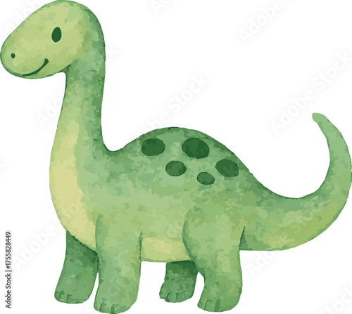 Vector adorable watercolor illustration of a green cartoon childish brontosaur