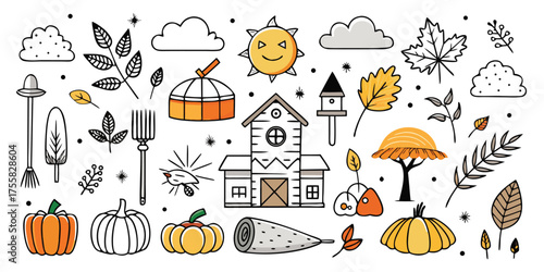 Autumn harvest icons featuring pumpkins leaves a house and a tree