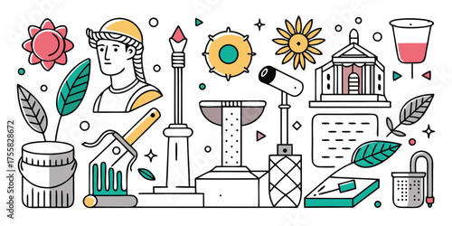 Diverse collection of travel and adventure themed elements in artistic style