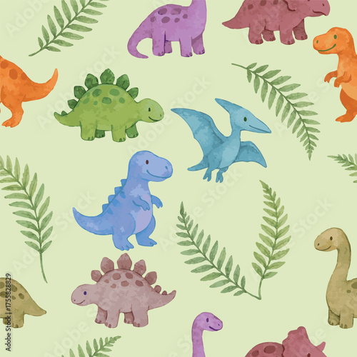 vector seamless pattern with cute childish watercolor illustrated colorful dinosaurs with ferns