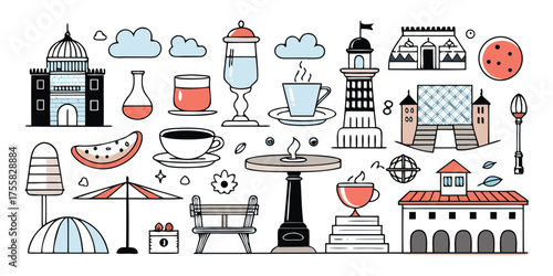 Whimsical travel adventure collage featuring landmarks food drinks and scenery elements