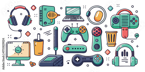 Collection of retro gaming and audio equipment gadgets for entertainment and adventure