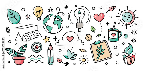 Doodle collection of eco-friendly concepts and ideas for a greener planet