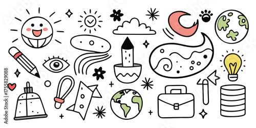 Whimsical doodle collection of celestial objects ideas and travel icons for creativity