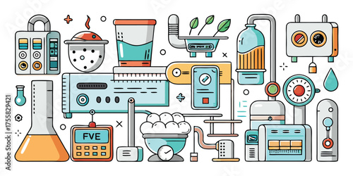 Abstract chemistry and science laboratory equipment collage with colorful accents