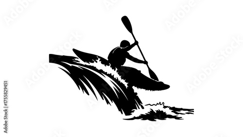 Kayaker paddling through waves with transparent background