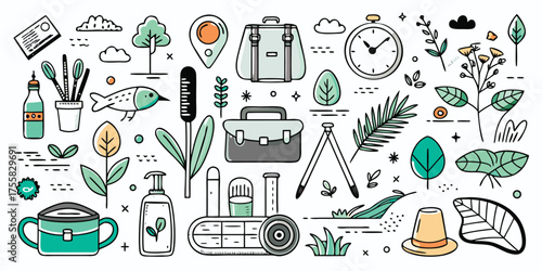 Travel adventure elements collection hand drawn style camping hiking nature exploration outdoor gear