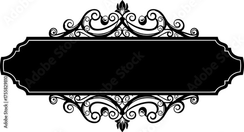 Tableau sur toile Elegant black ornate banner frame with decorative swirling filigree accents, perfect for vintage designs or formal invitations