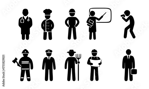 Essential Pictograms of Diverse Professional Occupations and Career Roles in Various Industries