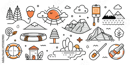 Diverse travel and adventure icons featuring mountains nature and outdoor activities