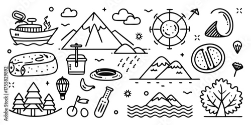 Hand drawn adventure and travel icons a collection of outdoor activity symbols for exploration