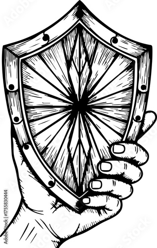 Strong hand firmly grips ornate shield, symbolizing protection, defense, and unwavering security in a classic, bold illustration style