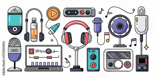 Collection of audio equipment and music production gear for podcasting and recording