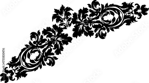 Elegant black ornate flourish design element for sophisticated invitations, branding, and decorative accents adding timeless beauty.
