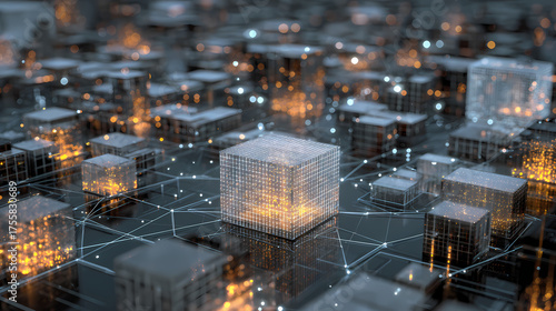 An abstract representation of a data network with interconnected glowing cubes