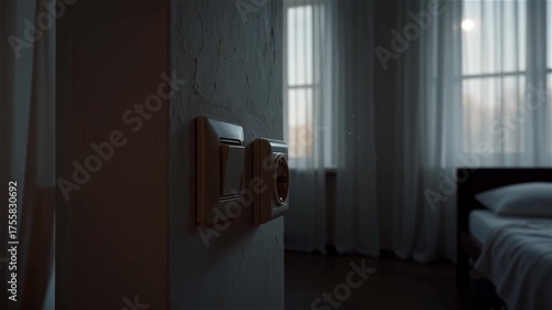 Person turning off light switch in a bright bedroom with curtains and a bed in the background