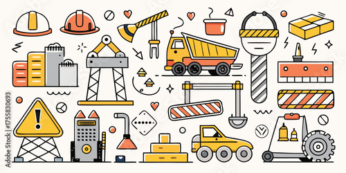 Collection of construction site vehicles equipment buildings and safety gear elements