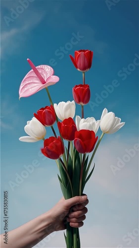 Bright floral arrangement with vibrant tulips and unique anthurium against blue sky