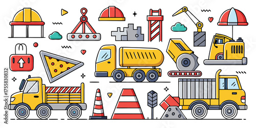 Collection of colorful construction vehicles and equipment with buildings and safety gear