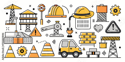 Construction site elements transportation equipment safety gear and building structures icons collection