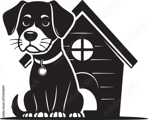 A cute dog sitting beside a dog house, symbolizing pet care and domestic animals