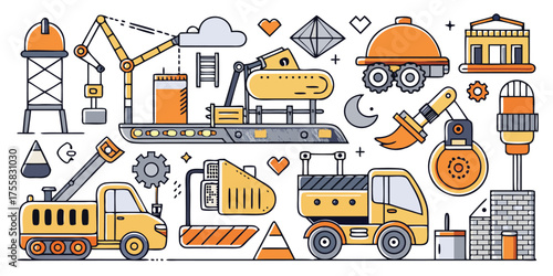 Construction vehicles and equipment set for building projects and heavy machinery transport