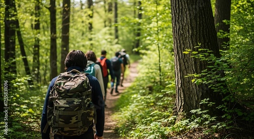 Wallpaper Mural People hiking on forest path trees green Torontodigital.ca