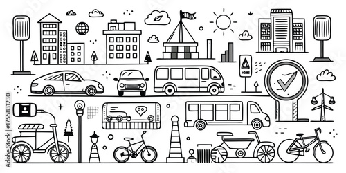 Diverse city transportation options bicycle cars buses trucks and buildings line art scene