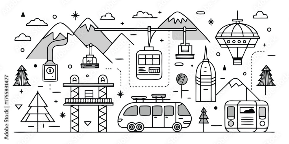 Naklejka premium Mountain transportation panorama featuring cable cars buses hot air balloons and ski lifts