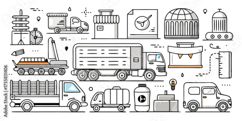Diverse commercial vehicles and logistics elements in a sketch style
