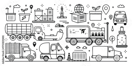 Diverse delivery vehicles and logistics icons for global shipping and transportation services