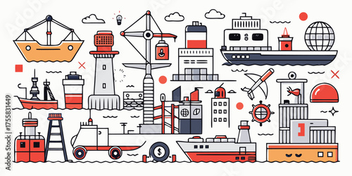 Collection of ships and port facilities illustrating maritime transportation and logistics